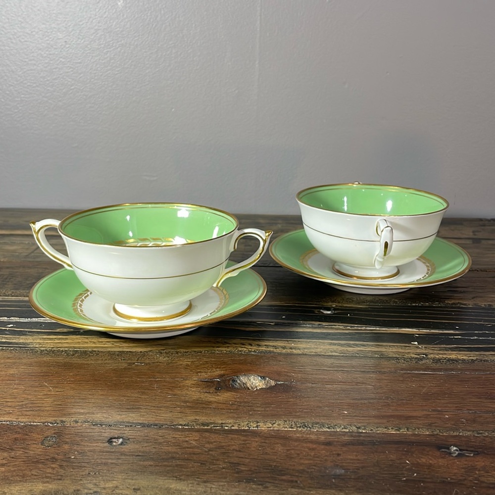 Paragon green, gold, white two handled soup bowls with saucers.  Set of two.